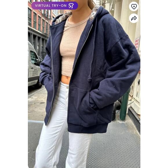 Brandy Melville Womens Blue Oversized Christy Plaid Hoodie Size Large XL NEW - Picture 1 of 16